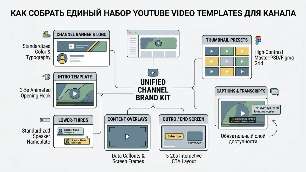 Структурная диаграмма элементов брендинга канала с описанием оформления превью, интро и конечных заставок