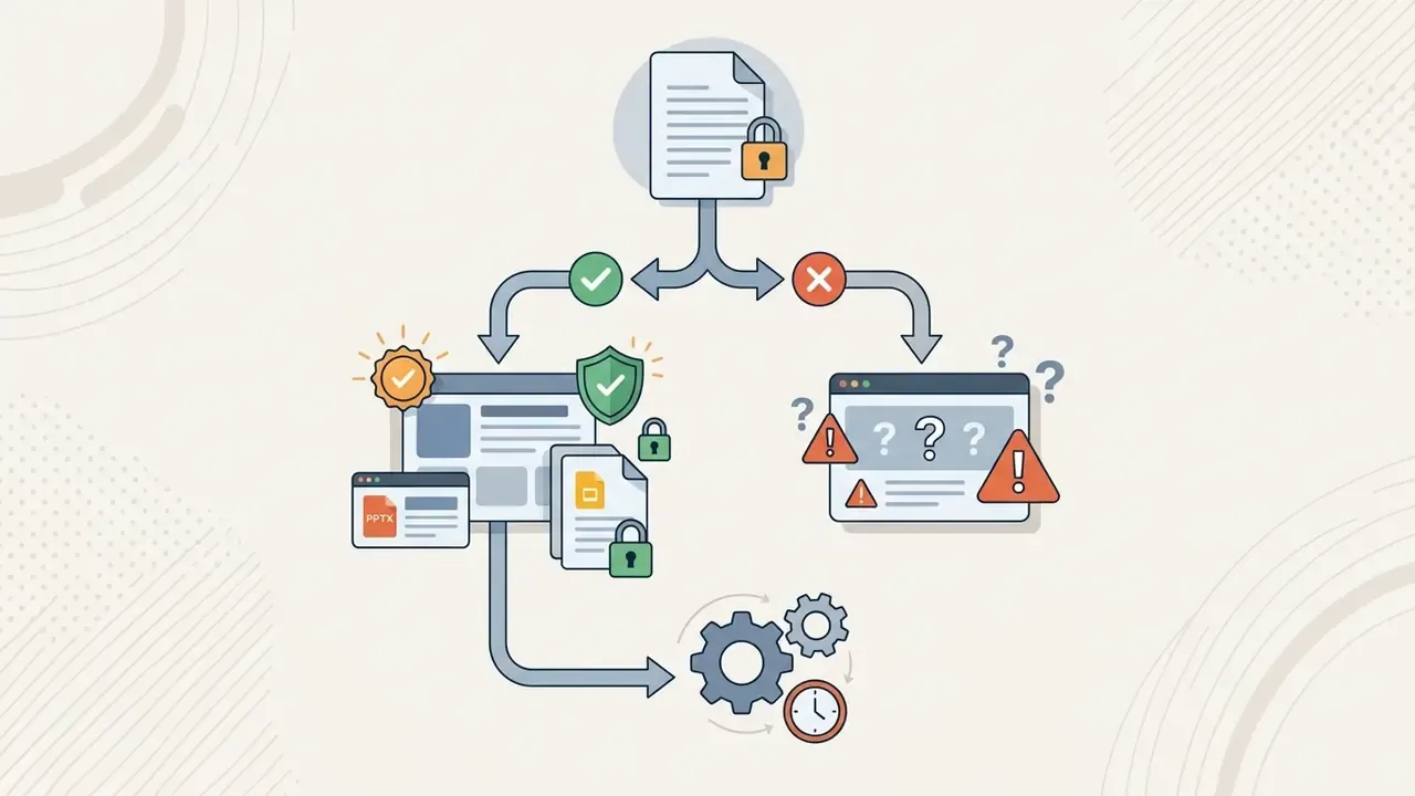 Branching path showing secure document processing versus risks with unverified data inputs