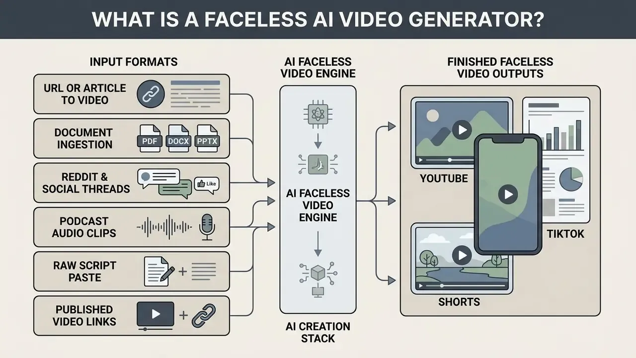 Infographic showing how various input formats are processed by an AI engine into finished video content