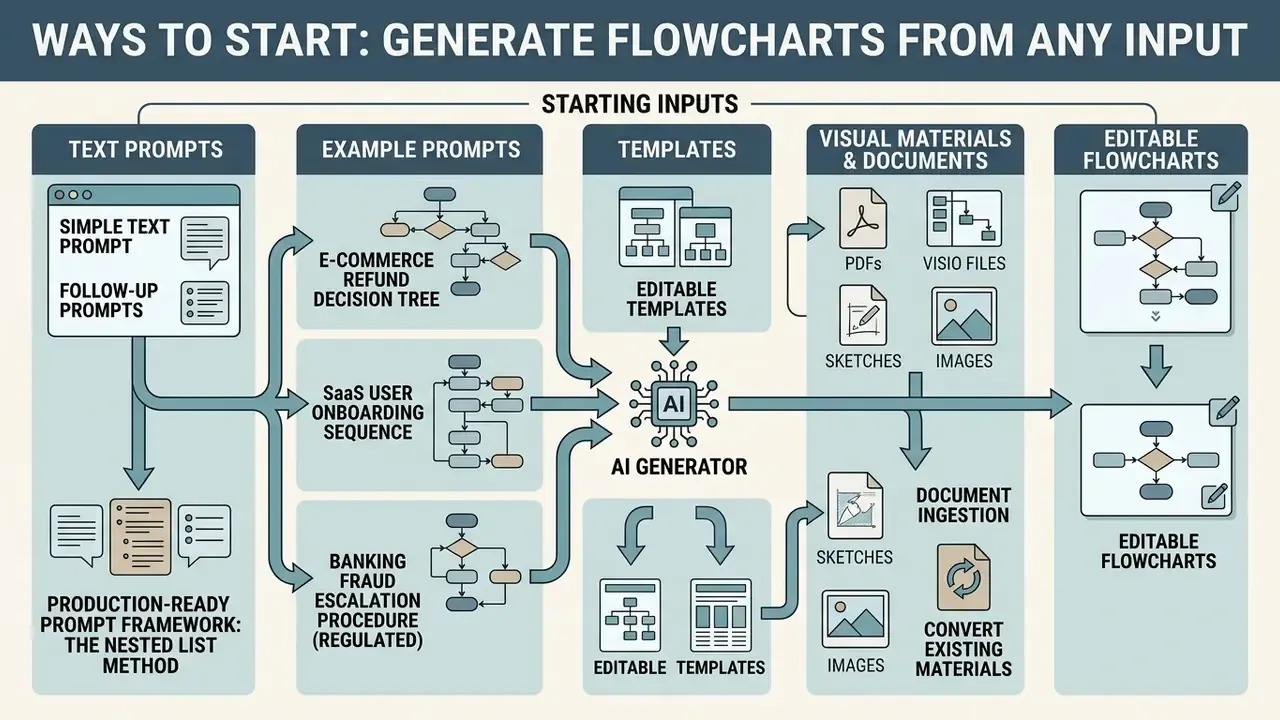 Flowchart showing how text prompts, templates, and documents are converted into editable diagrams by AI