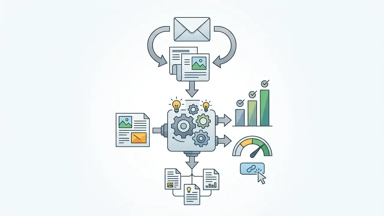 Email and document inputs feeding a gear mechanism that outputs performance charts and click metrics