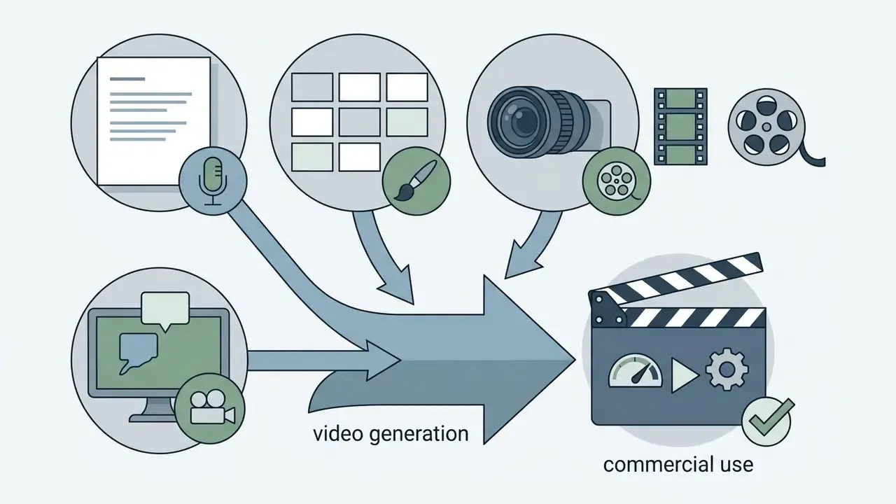 Icons representing text, images, and camera footage converging into a central arrow for video generation