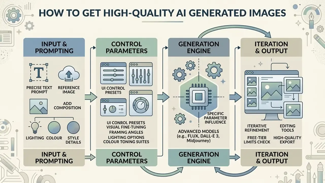 Process diagram mapping prompt inputs, control parameters, generation engines, and iterative output stages