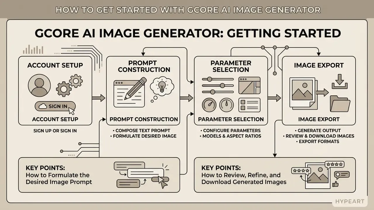 Step by step workflow for account setup, prompt construction, parameter selection, and image export