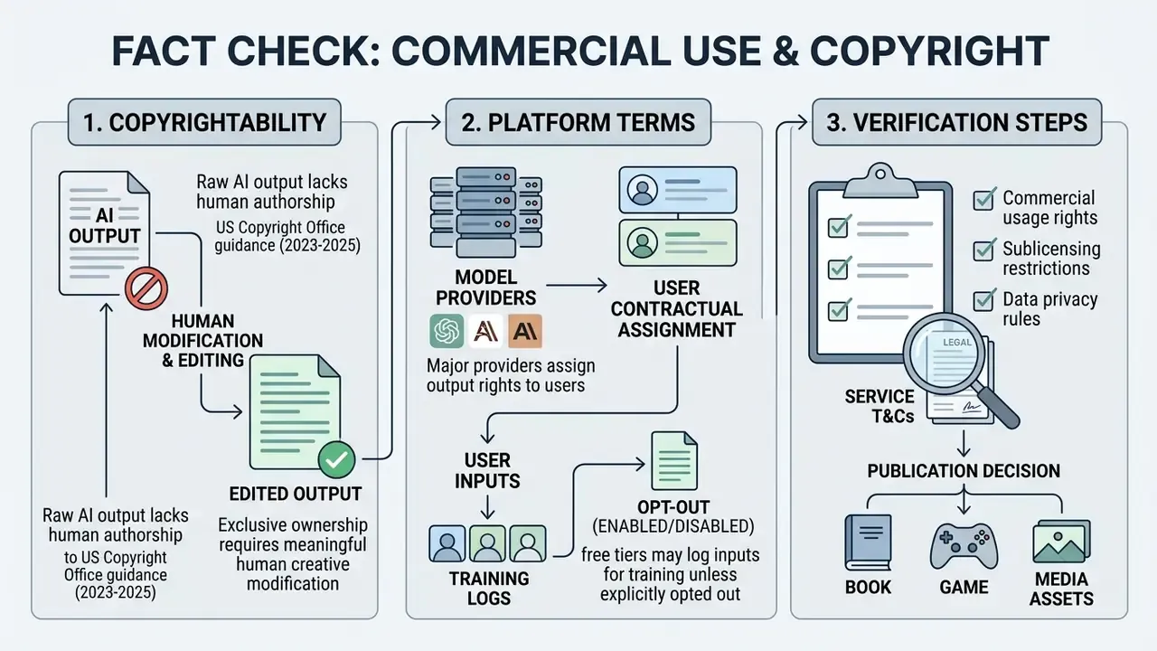 Three-step guide detailing copyrightability, platform terms, and verification procedures for AI content