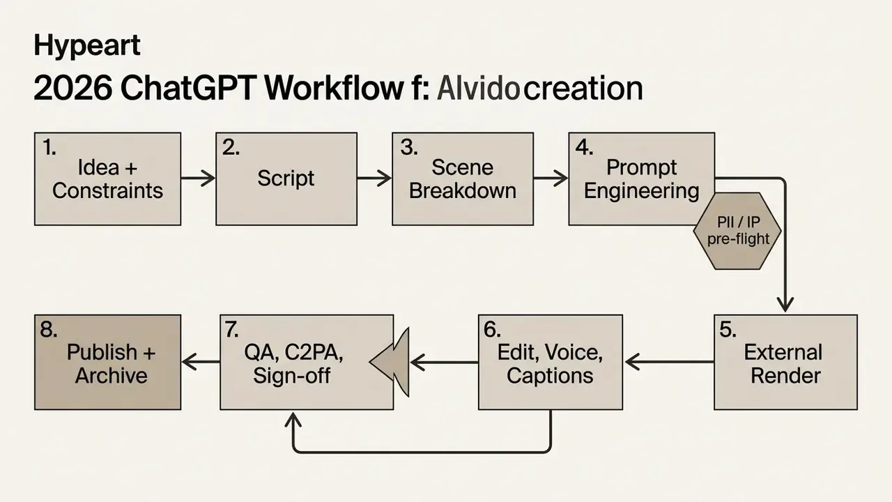 Sequential process diagram outlining eight steps for video production from initial idea to final archive