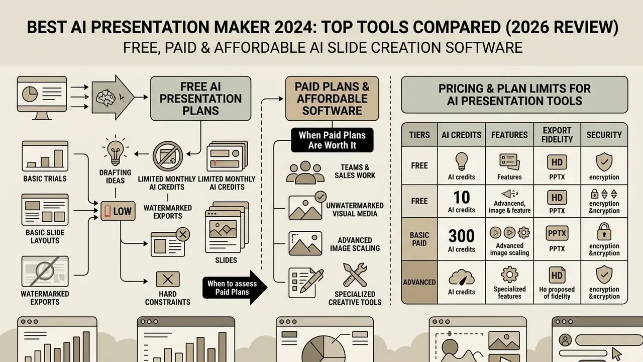 Comparison table and workflow chart detailing free and paid plans for the best AI presentation maker 2024