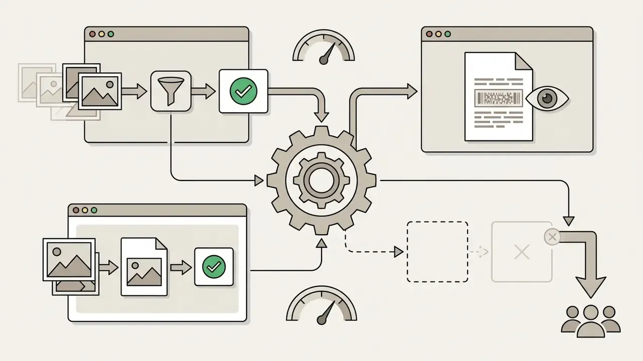 Digital images passing through filters and gears to be processed into marked documents for public viewing