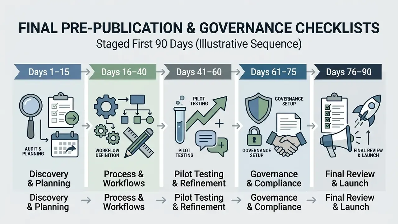 Five sequential stages mapping a 90-day timeline for content governance and pre-publication tasks