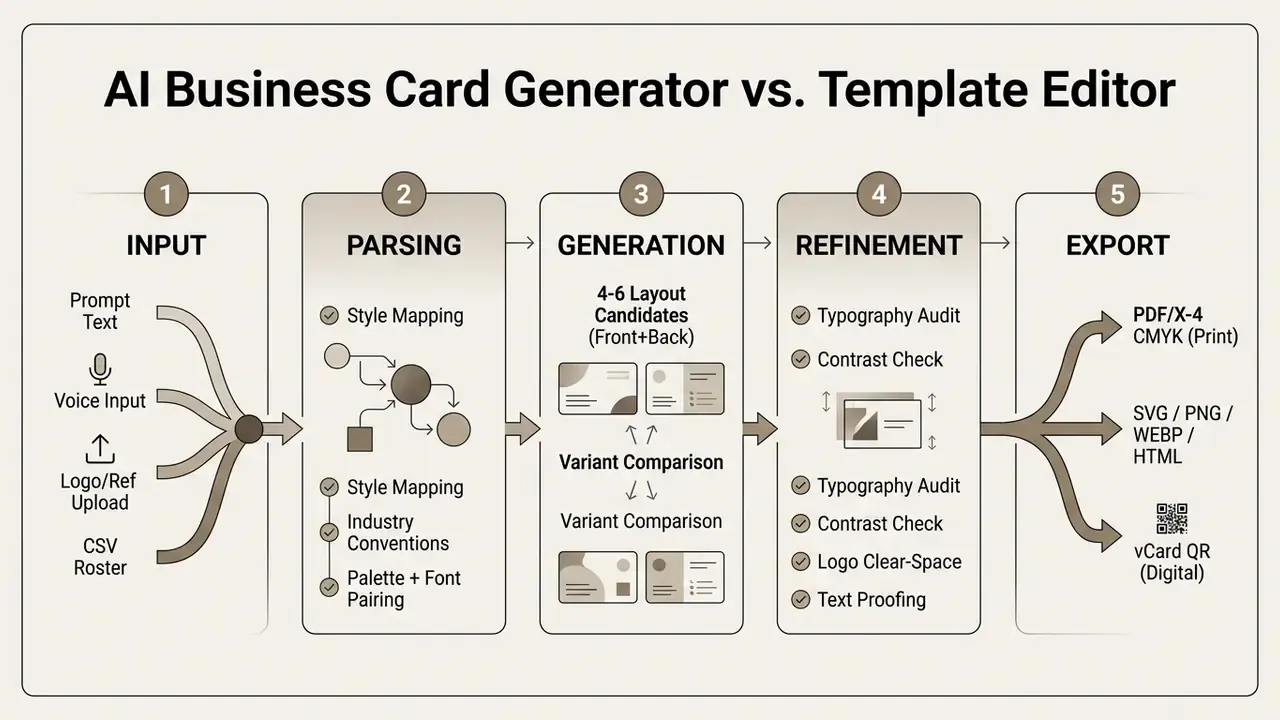 Five sequential steps showing how an AI business card generator processes inputs into final file formats