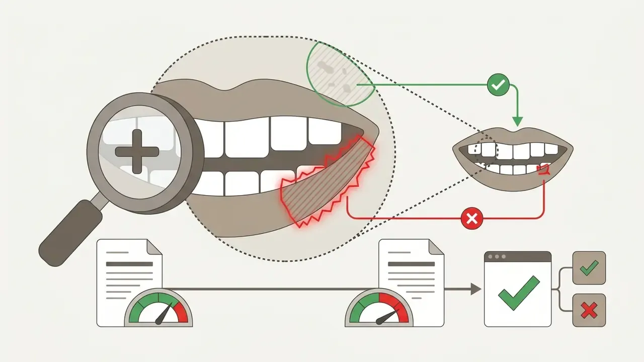 Magnifying glass inspecting a mouth mask for acceptable artifacts versus unacceptable lip line halos