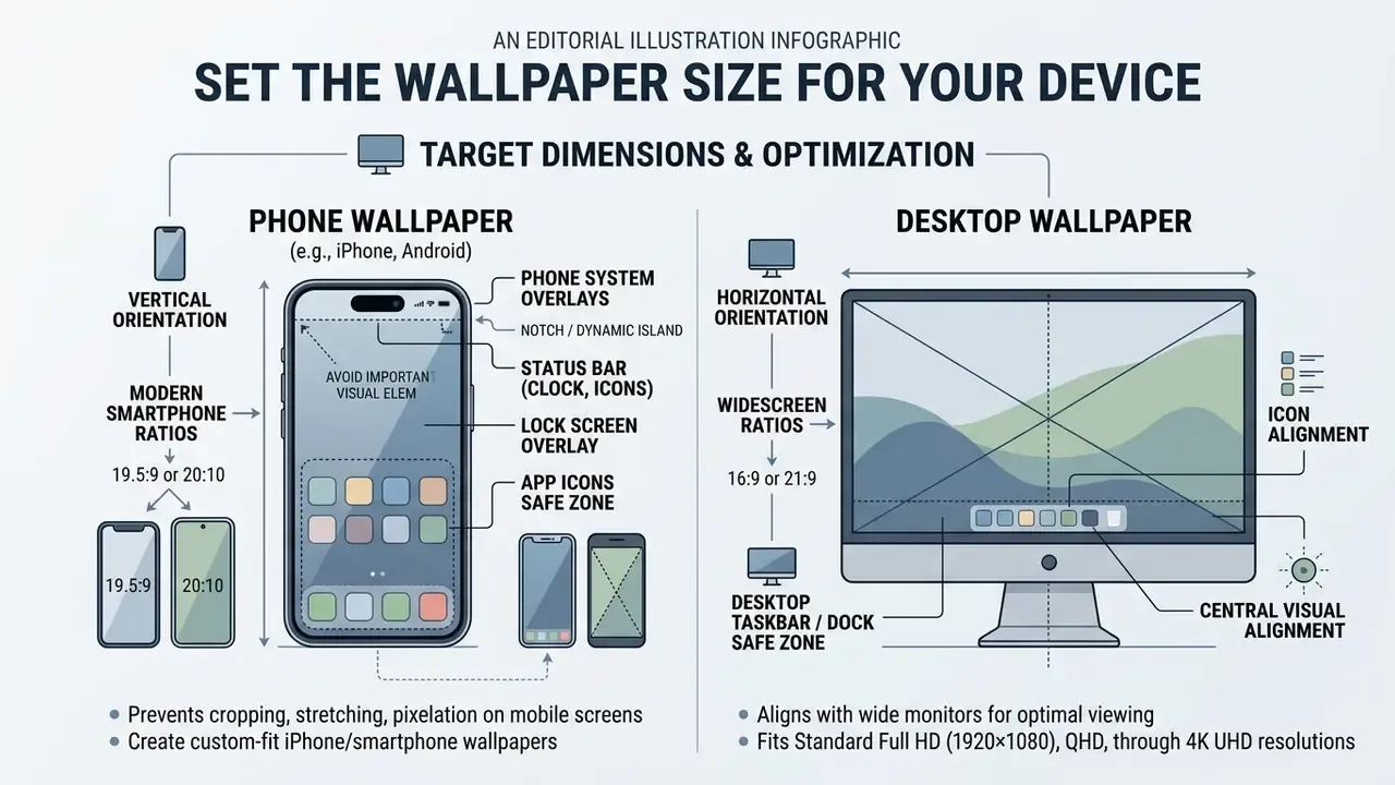 Comparison of phone and desktop screen aspect ratios, safe zones, and layout considerations for wallpaper