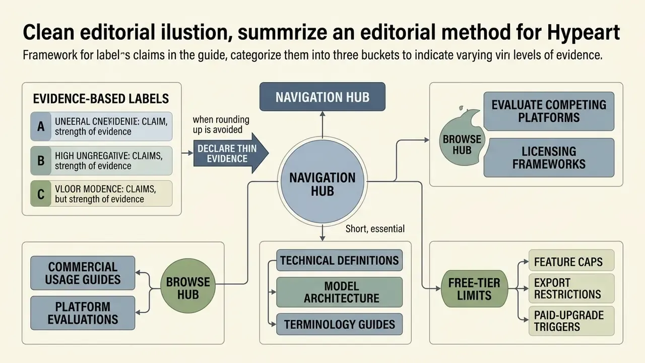 Categorization system showing three evidence levels linked to a central navigation hub for guide content