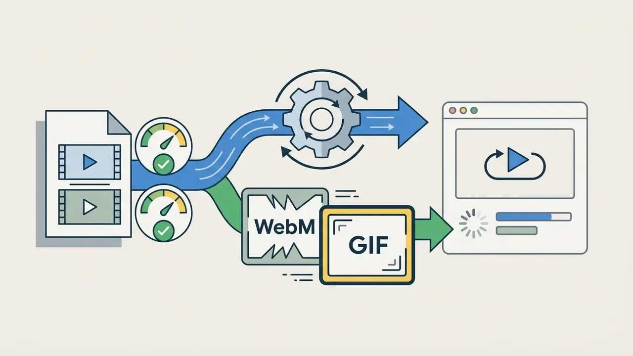 Diagram showing animation files processed through a gear mechanism into WebM and GIF formats for web playback