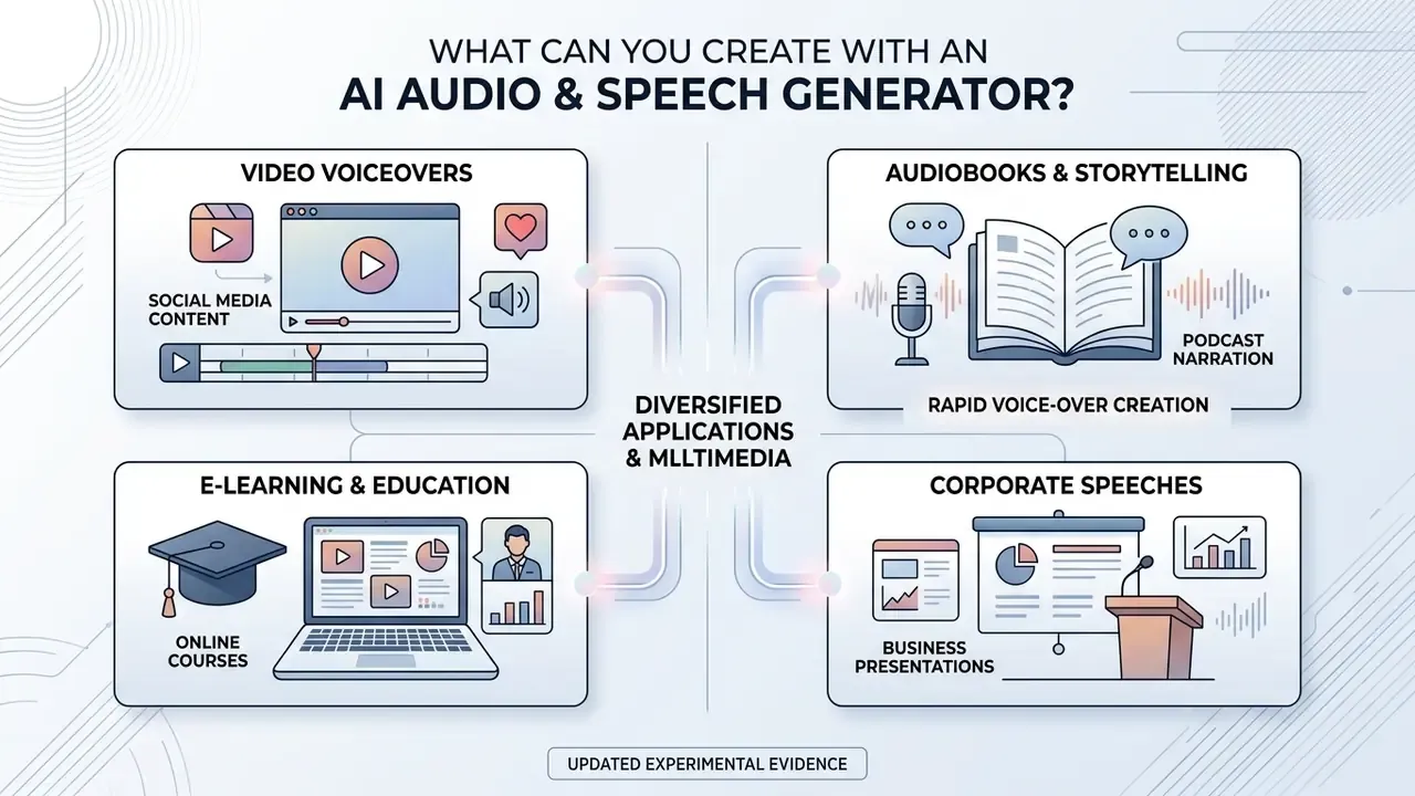 Infographic showing four categories of multimedia content created with an AI audio and speech generator
