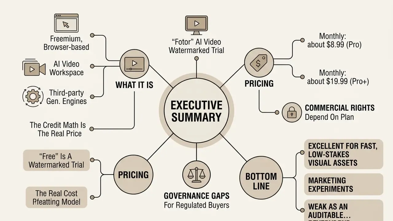 Mind map infographic outlining the features, pricing, and bottom line of the Fotor AI video generator