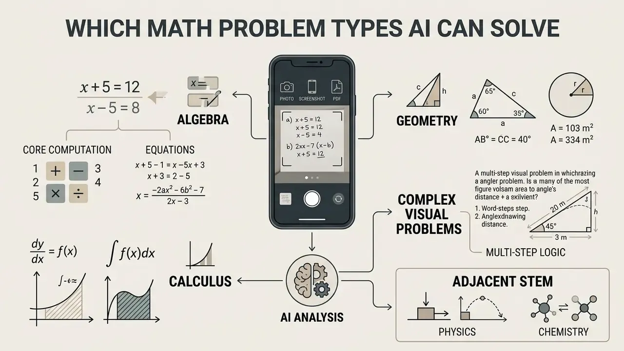 Diagram showing how AI processes algebra, geometry, calculus, physics, and chemistry problems
