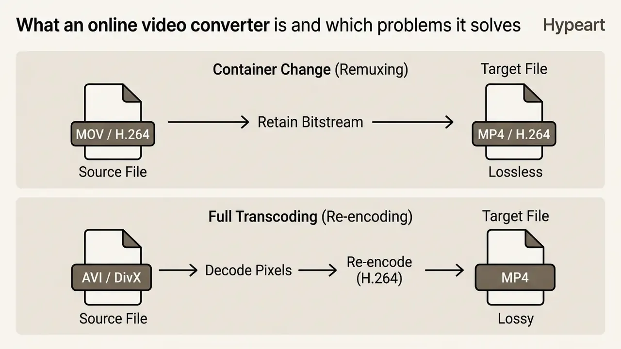 Diagram comparing lossless remuxing by retaining bitstreams with lossy full transcoding and re-encoding