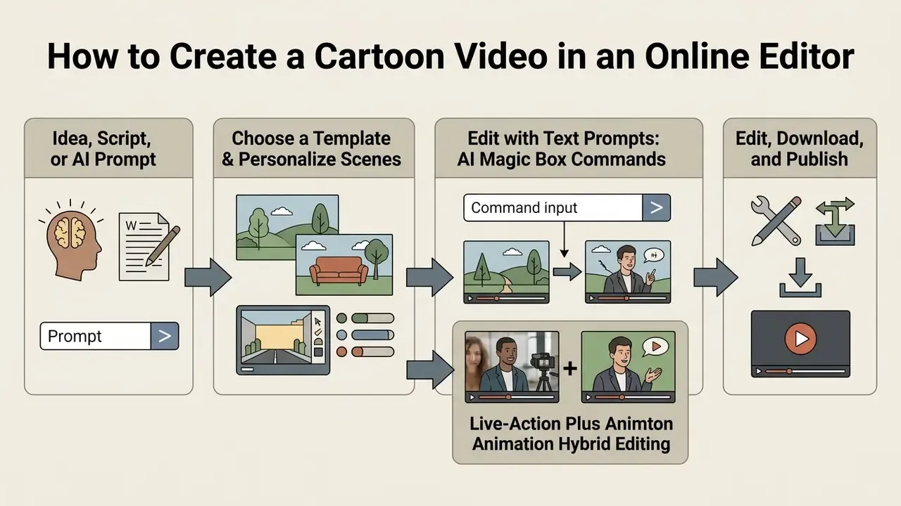 Four-step process showing script generation, scene customization, AI text editing, and final video output