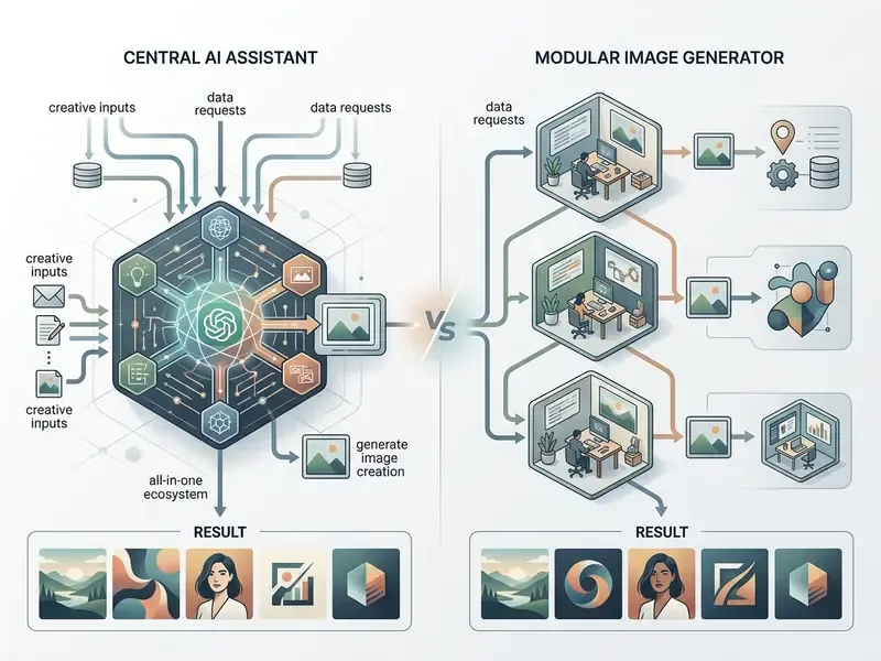 Comparison infographic showing a centralized AI assistant versus modular image generation workflows