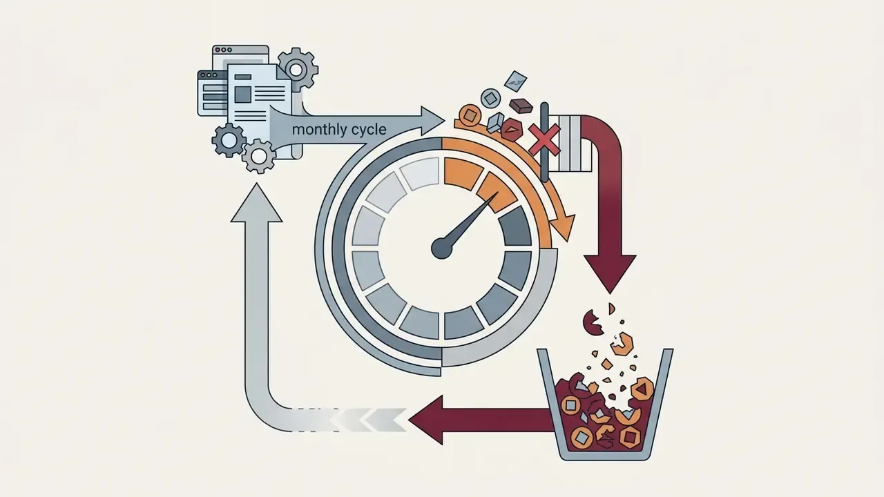 Gauge displaying monthly cycle credit usage with unused tokens falling into a waste bin