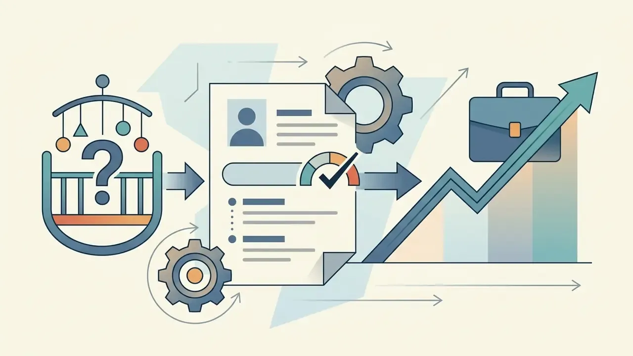 Baby name data flowing through a CV evaluation process to track career growth and professional success