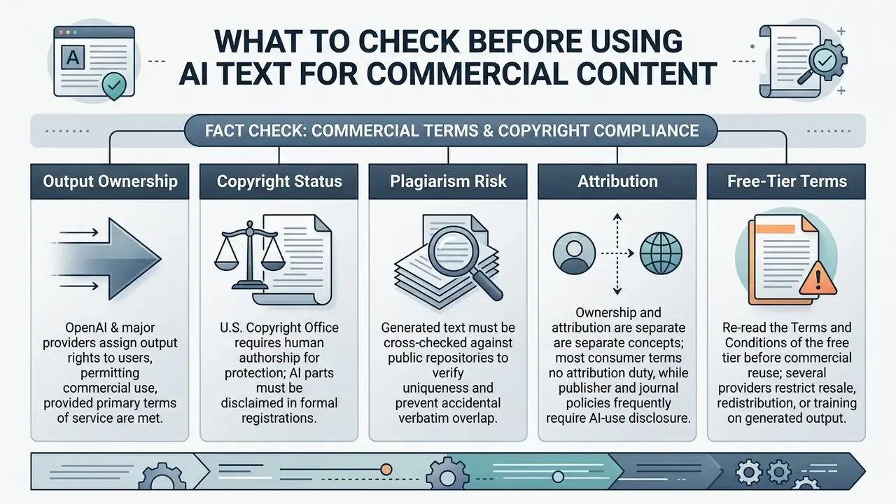 Infographic outlining five key compliance factors for using machine generated text in commercial projects