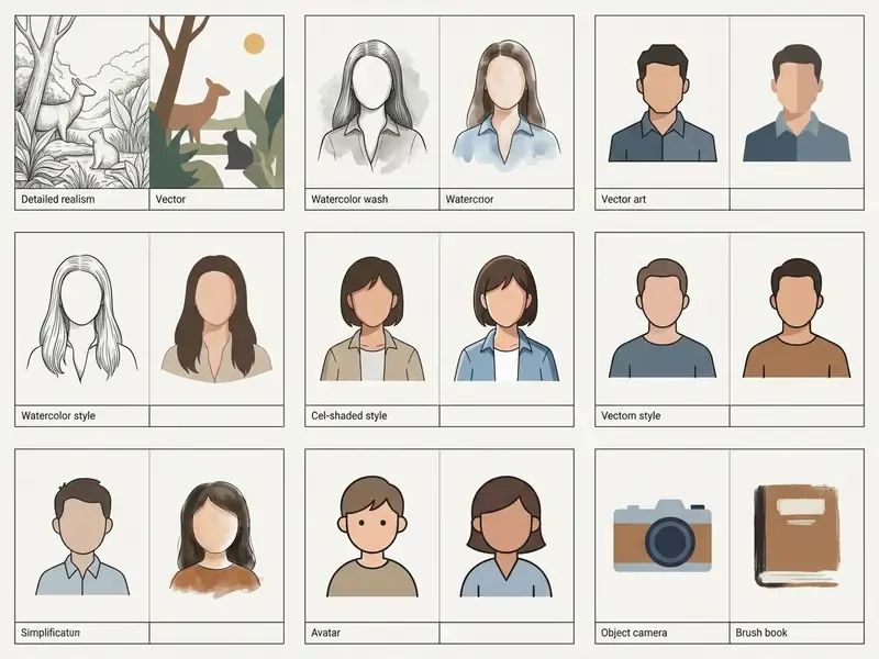 Grid of paired images demonstrating various artistic transformations applied to portraits and objects