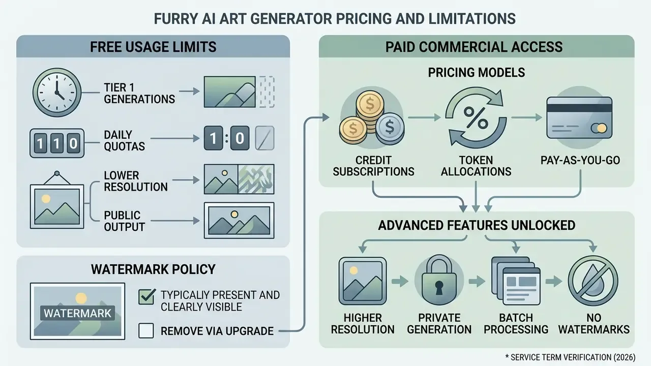 Diagram showing free usage limits, paid commercial pricing models, and advanced feature unlocks