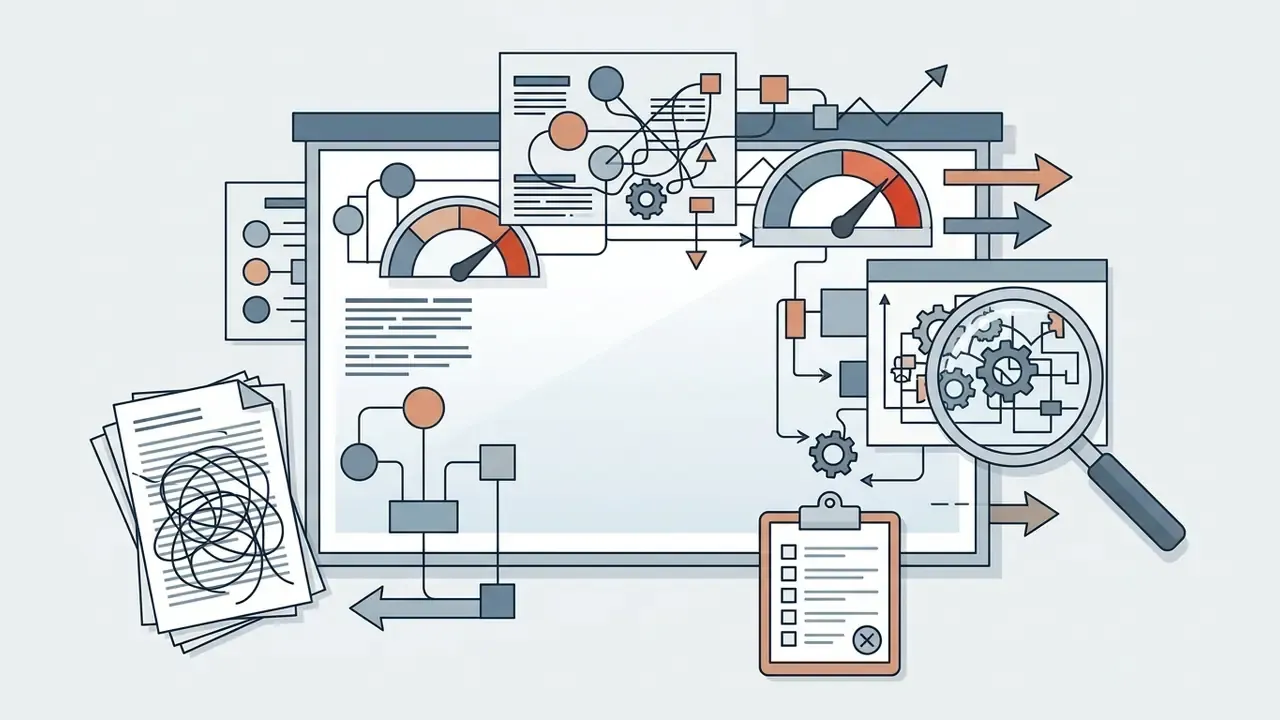 Overloaded presentation slide featuring complex diagrams, tangled lines, gauges, and a magnifying glass