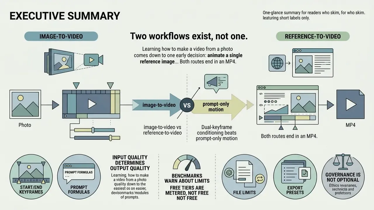 Infographic comparing image-to-video and reference-to-video workflows for creating an MP4 from a photo