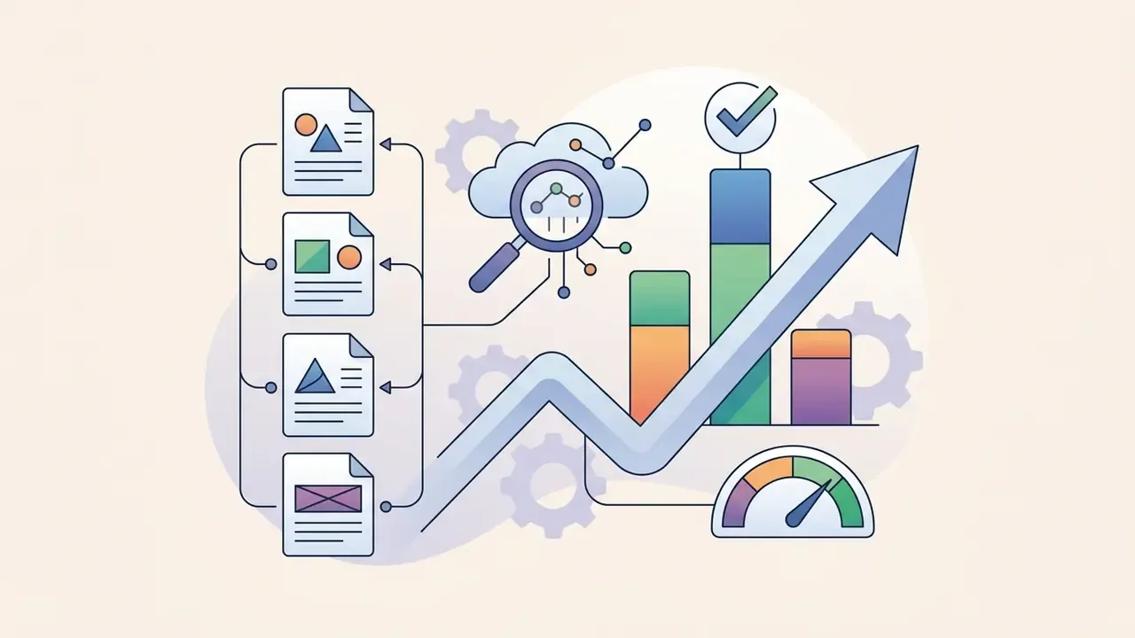Documents feeding into a cloud analytics engine that drives rising performance charts and speed metrics