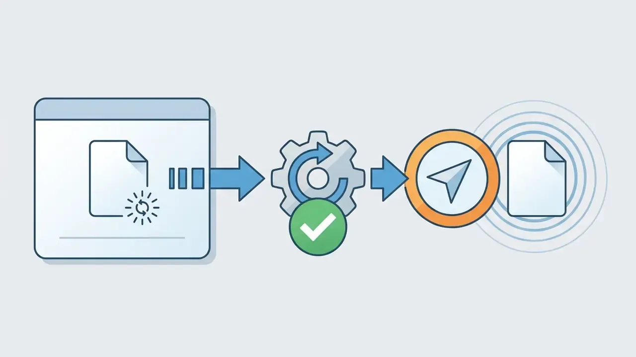 File processing through a gear and checkmark icon to be sent as a dynamic media attachment