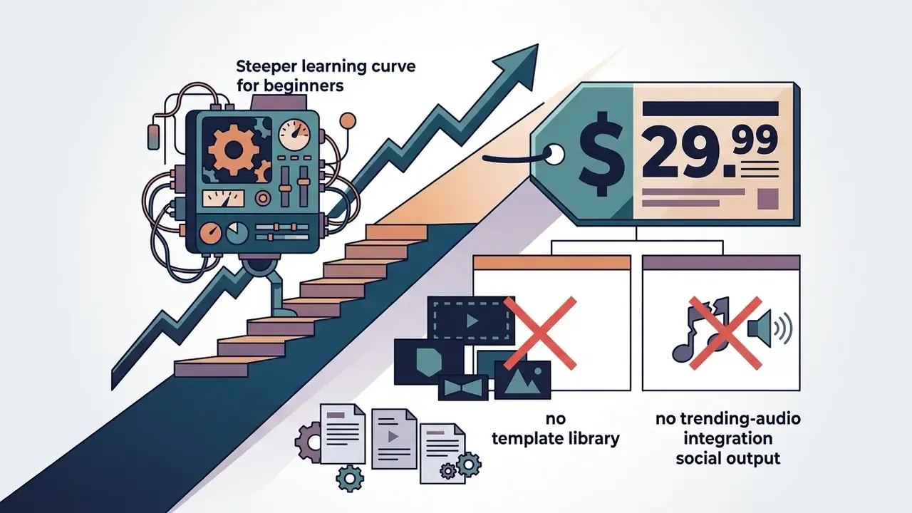 Mechanical device climbing stairs toward a price tag with icons indicating missing library features