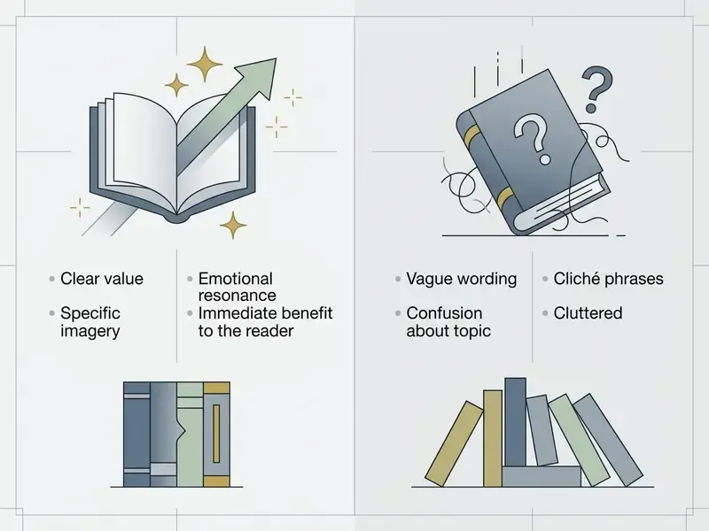 Comparison between effective book titles with clear benefits and weak titles featuring vague imagery