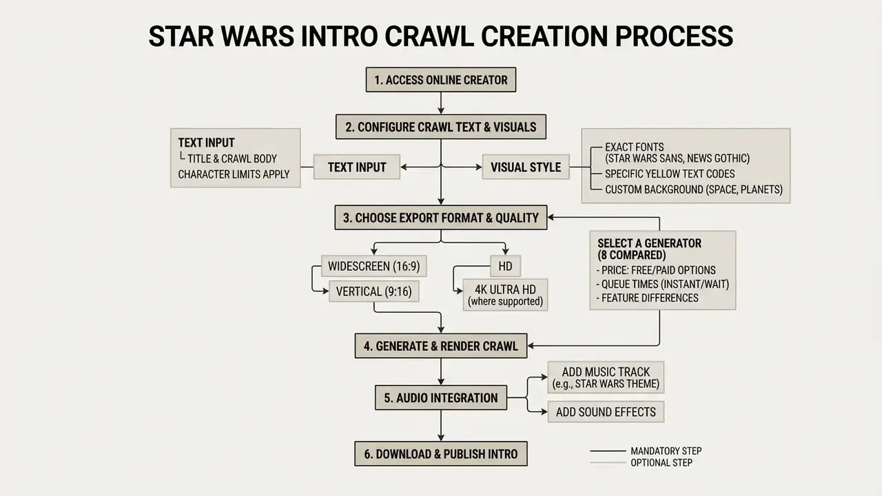 Flowchart outlining the steps to create a custom movie opening crawl using a Star Wars intro creator