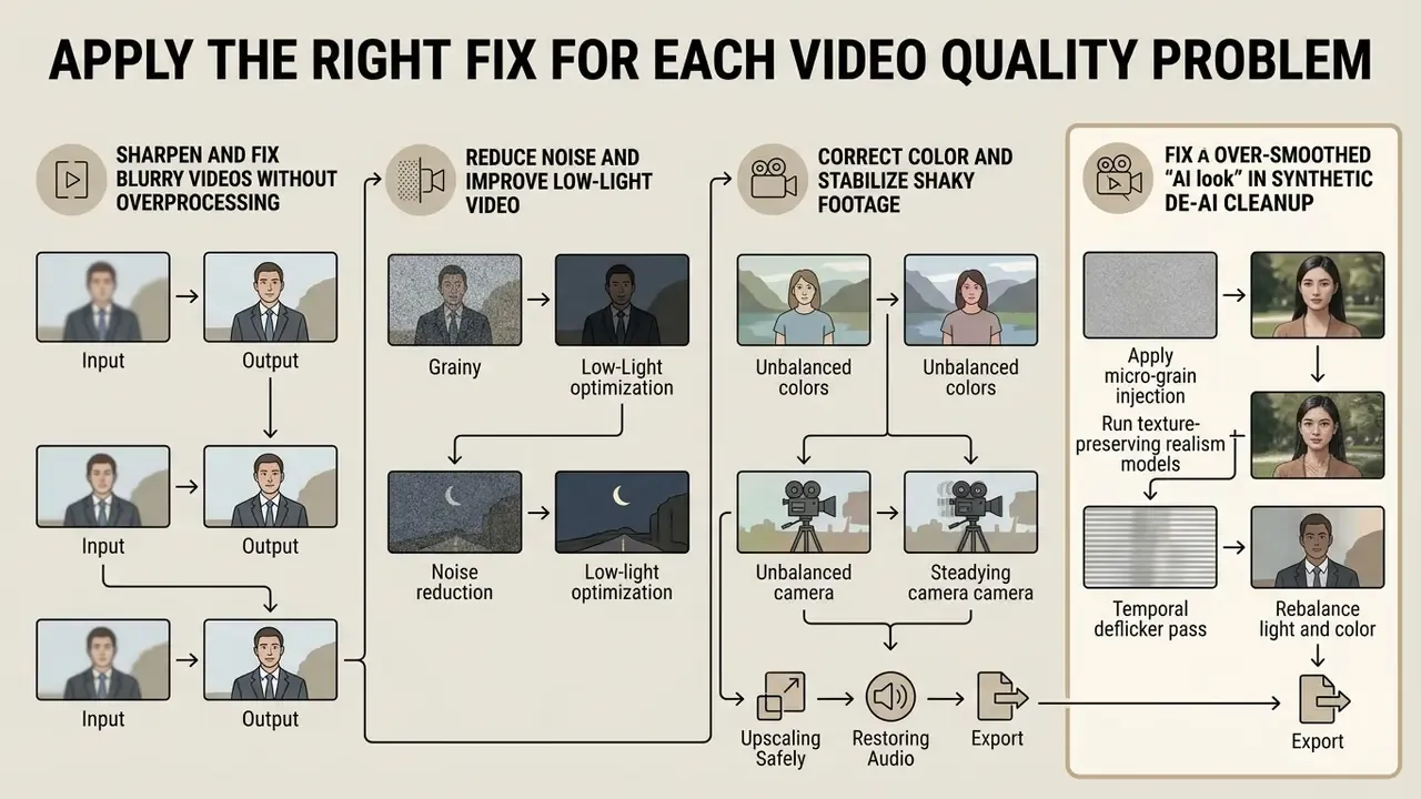 Diagram showing specific technical workflows to resolve common video defects like blur and noise