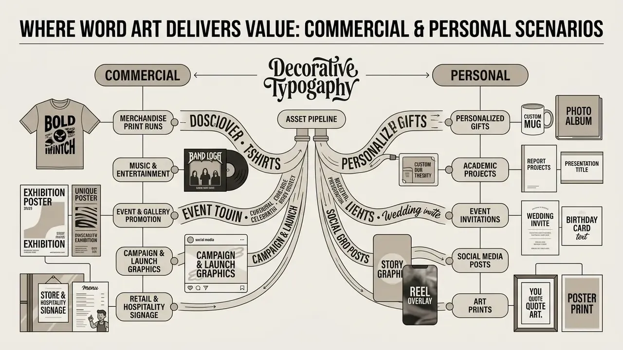 Flowchart showing how decorative typography assets are applied to commercial and personal design projects