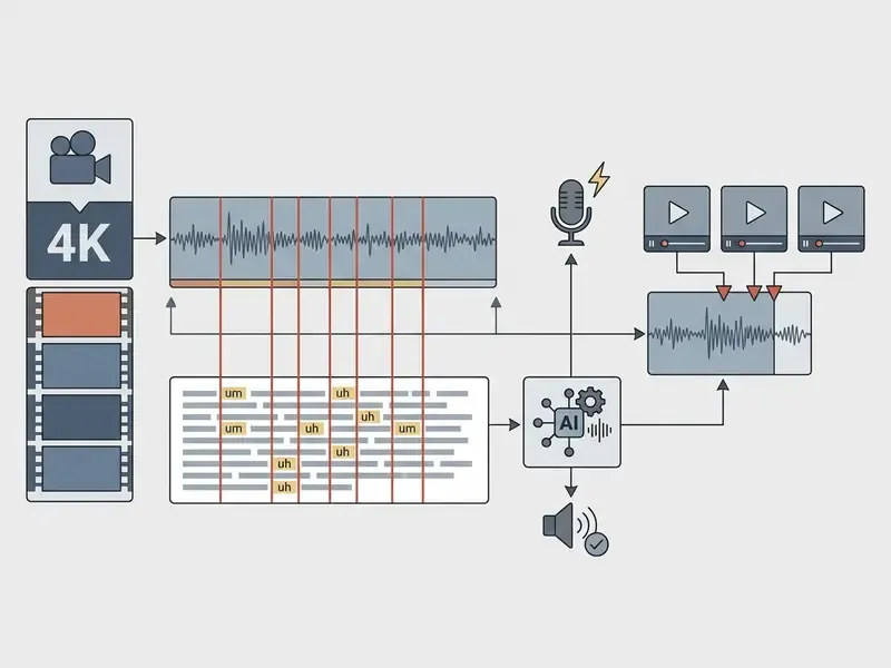 Workflow diagram showing 4K video input being transcribed, cleaned of filler words by AI, and exported