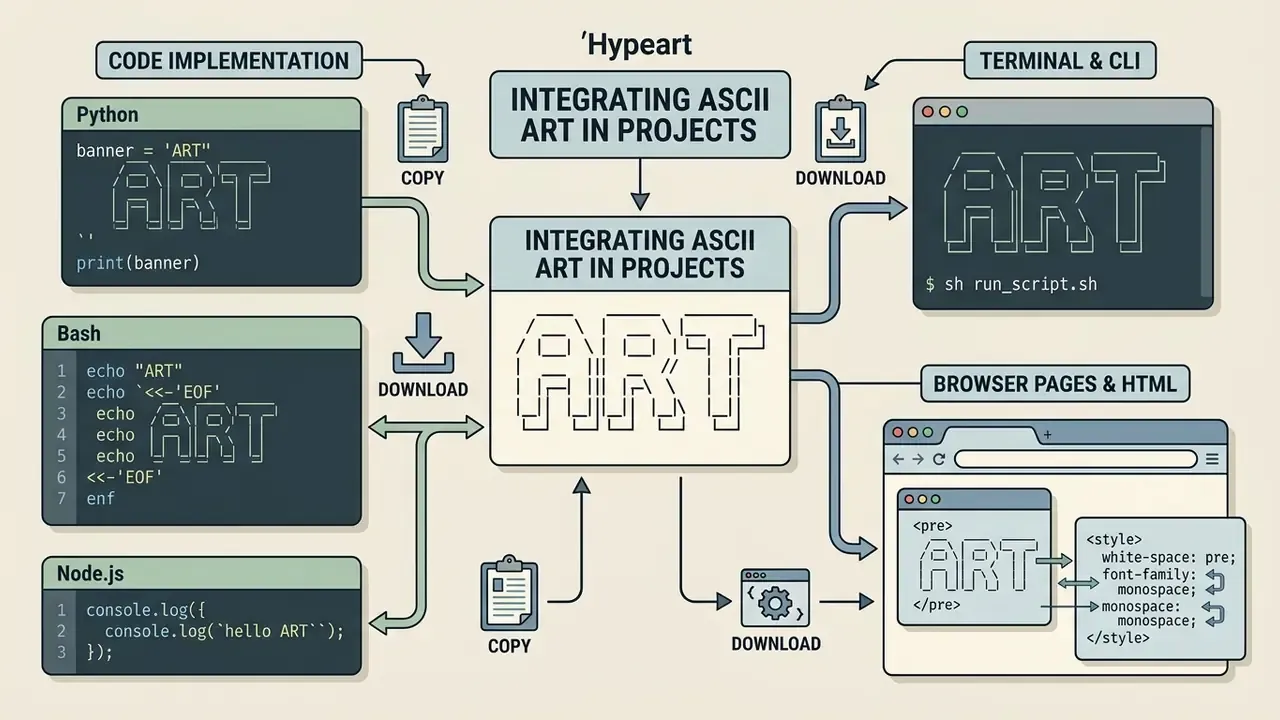 Diagram showing how to implement ASCII art using Python, Bash, Node.js, terminal commands, and HTML code