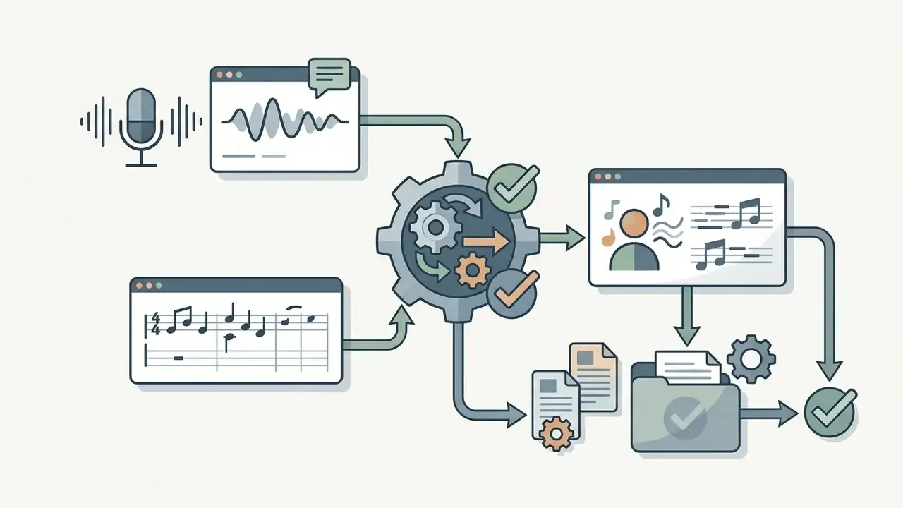 Microphone audio and musical score inputs feeding into a central gear process to generate vocal output