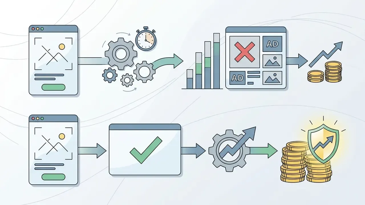 Two parallel workflows showing how software monetization through ads leads to profit versus premium upgrades
