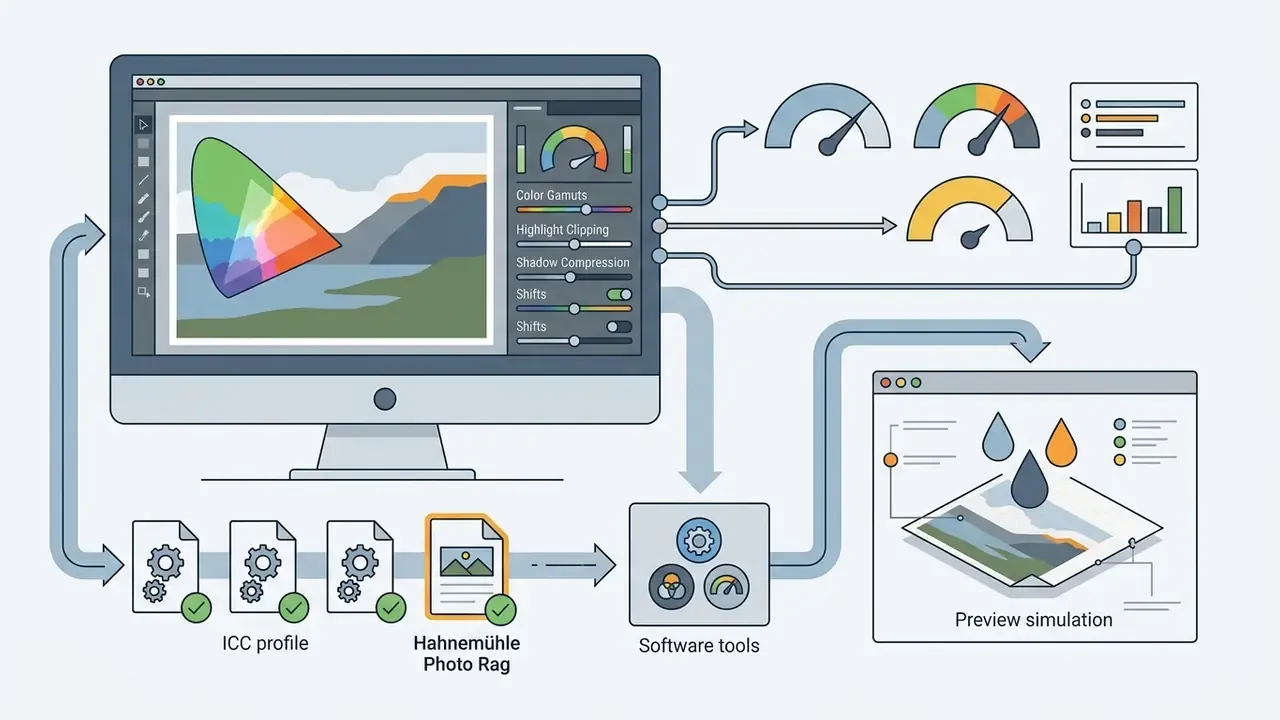 Computer monitor displaying color gamut adjustments connected to ICC profile selection and print preview
