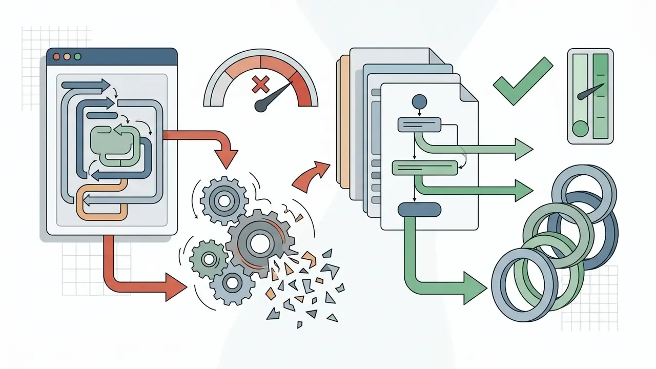 Inefficient nested code loops causing gear breakage compared to streamlined linear processing