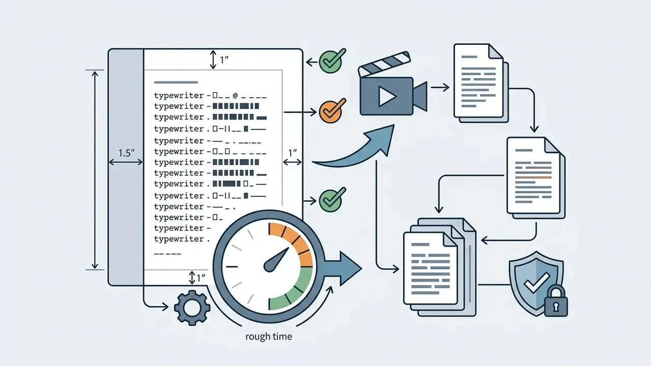 Standard screenplay formatting with margins and a gauge measuring estimated production time