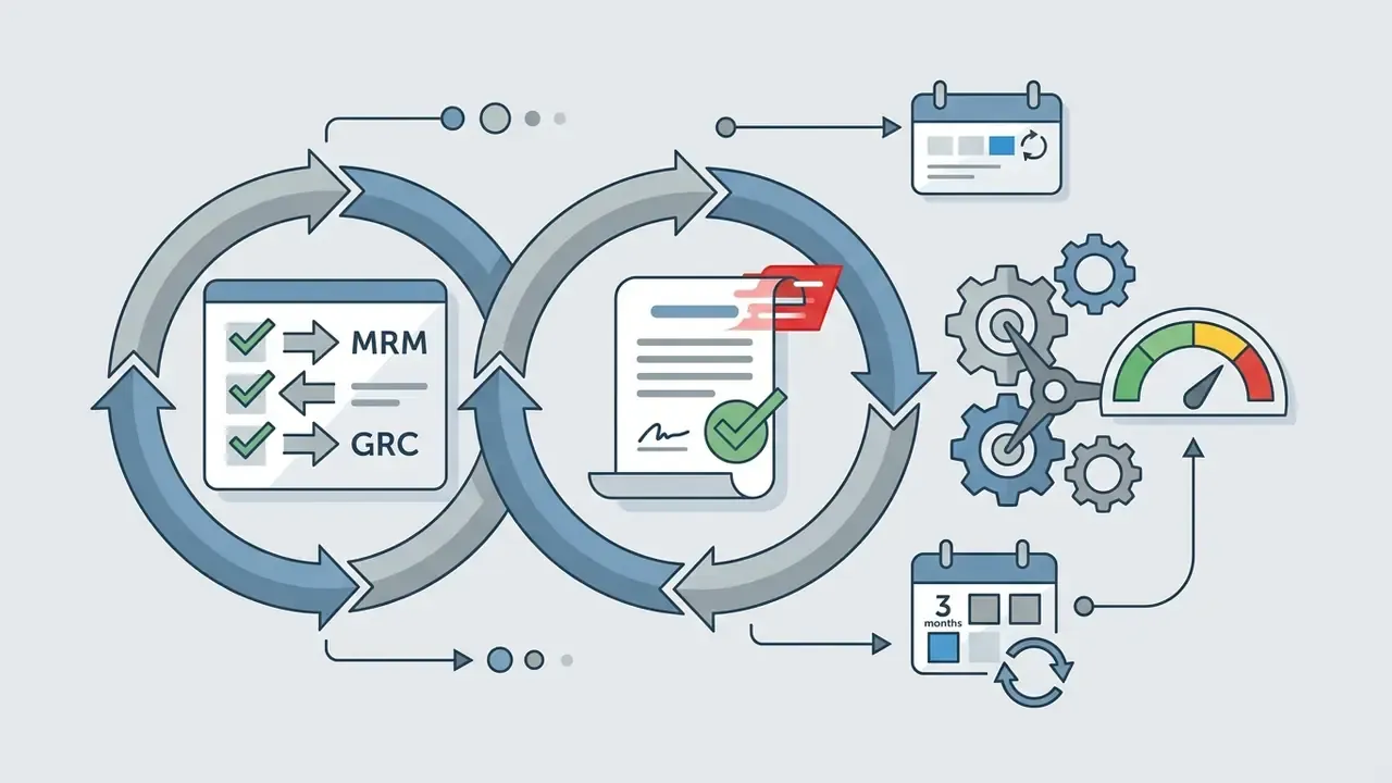 Infinity loop connecting MRM and GRC systems to document review cycles and a risk assessment gauge