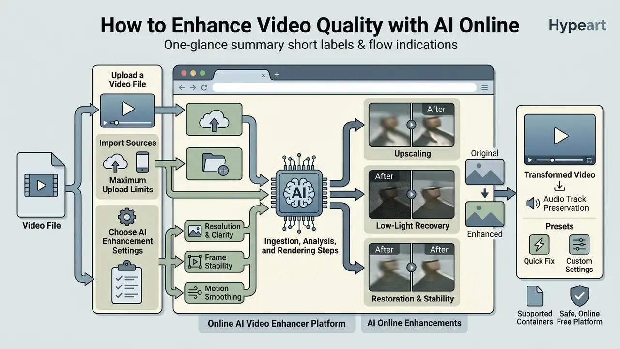 Flowchart detailing the process of using an ai video enhancer online free from upload to final output