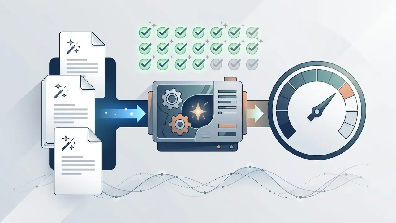 Documents with magic wand icons feeding into a processor that tracks usage on a circular gauge