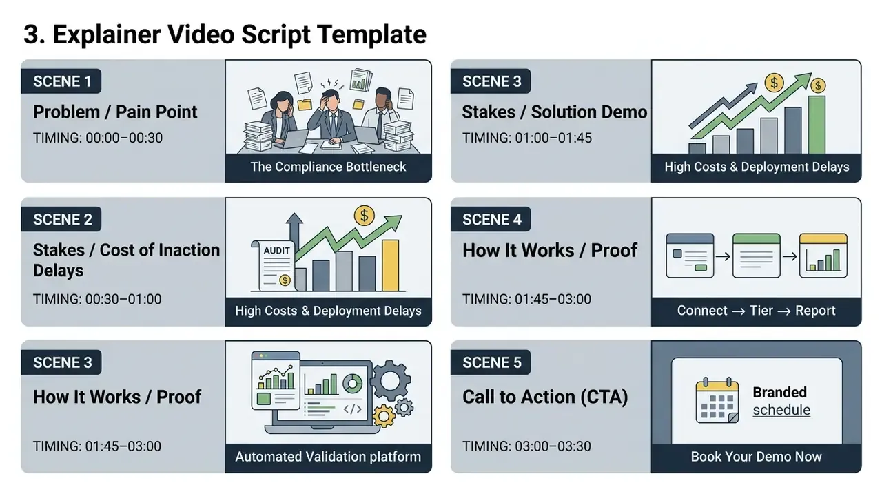 Six panels outlining scene titles, timing, and visual descriptions for a structured video production plan