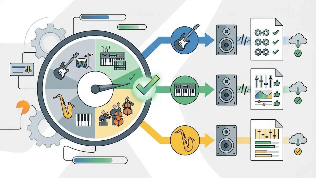 Circular gauge selecting musical instruments that flow into speakers and quality audit checklists